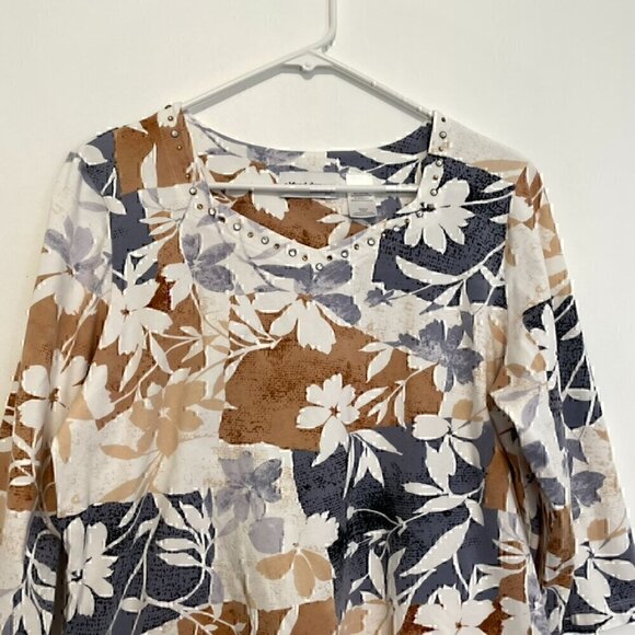 ALFRED DUNNER White Brown Tan Gray ? Floral Patchwork Studded 3/4 Sleeve Blouse - Picture 2 of 13
